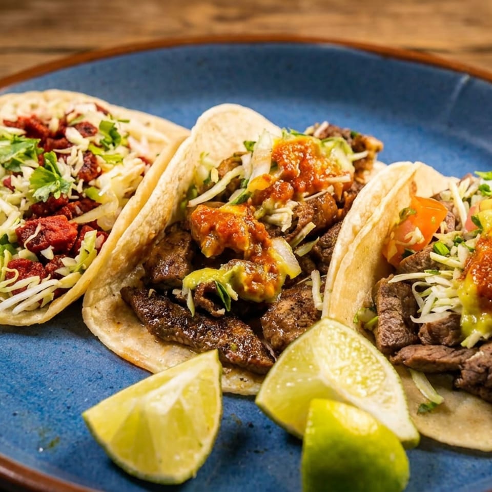 Three steak tacos topped with cabbage, cilantro, salsa, guacamole, and tomatoes on a blue plate with lime wedges.