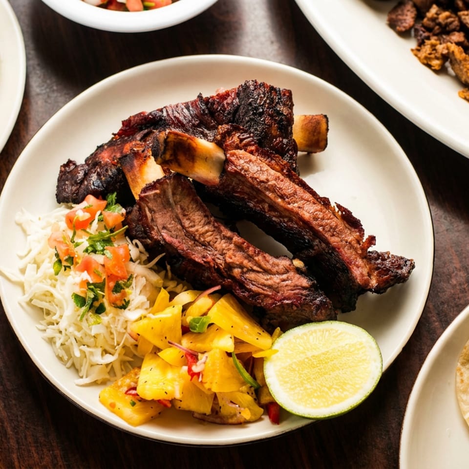 Plate of grilled ribs with rice, cabbage slaw, roasted vegetables, and lime, surrounded by tacos, salsa, green beans, and fried meat.