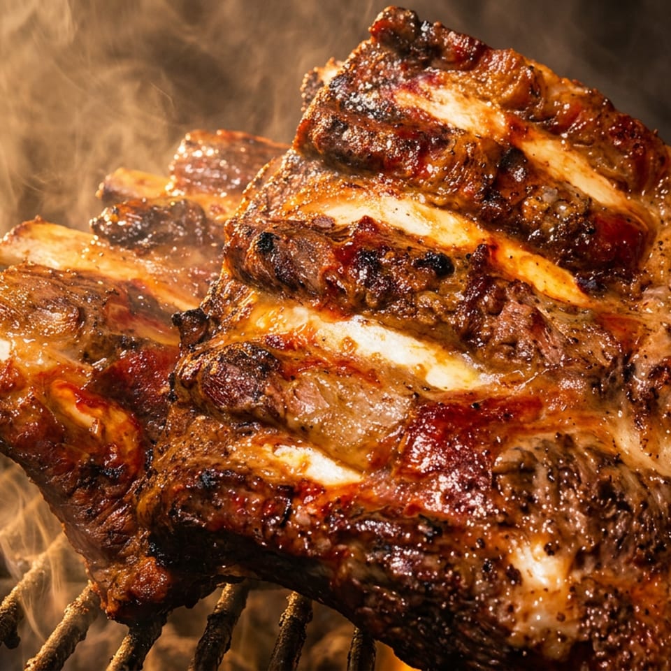 Steaming, glazed rack of grilled ribs with charred edges rests on hot grill grates.