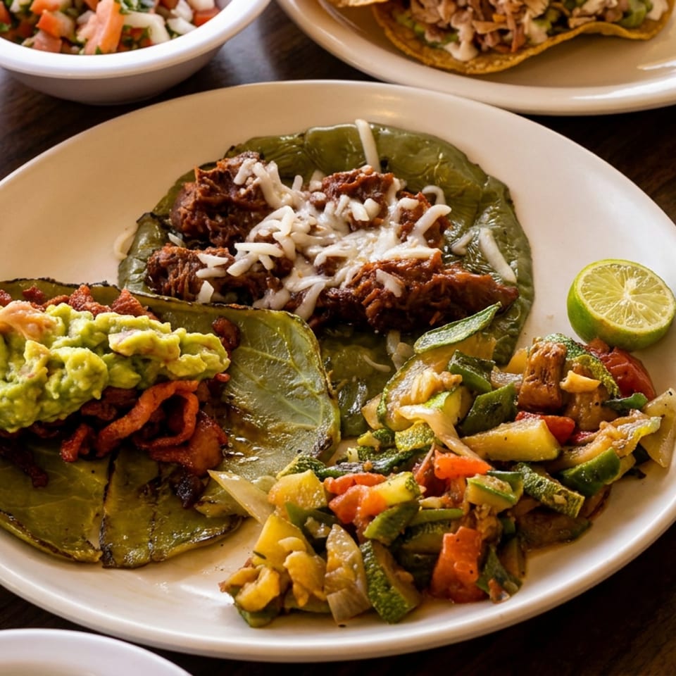 Mexican platter featuring grilled cactus paddles topped with meat, cheese, guacamole, sautéed vegetables, lime, and tortilla chips.