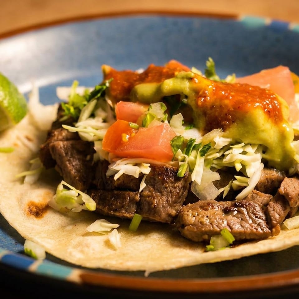 Open tortilla topped with grilled beef, shredded cabbage, tomatoes, avocado, salsa, and lime on a blue plate.