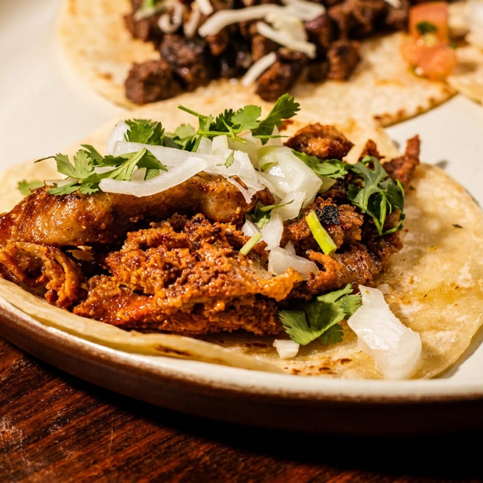 Close-up of stuffed tacos topped with grilled meat, crispy vegetables, onion, cilantro, and a lime wedge on a ceramic plate.
