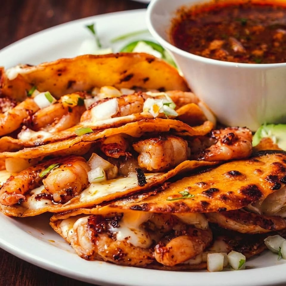 Three crispy shrimp tacos with melted cheese, diced onions, avocado slices, and a bowl of red dipping sauce on a plate.
