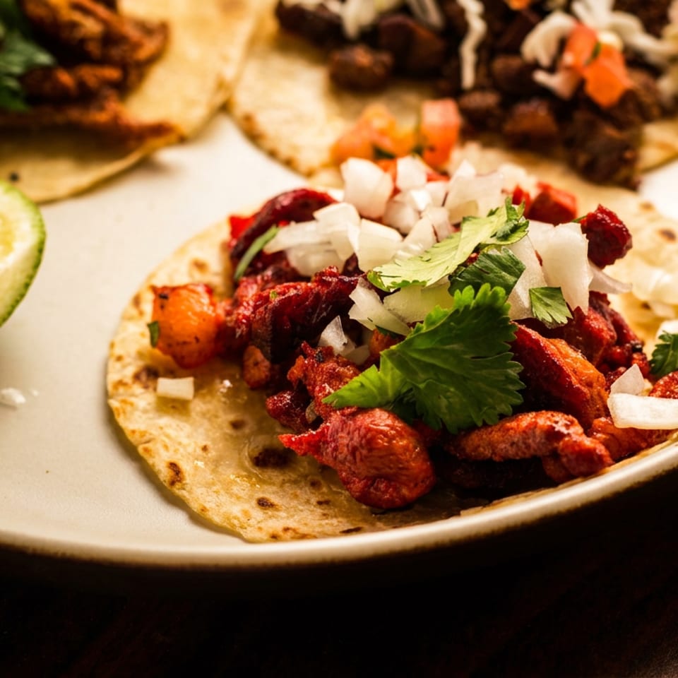 Plate of corn tortillas topped with grilled meat, diced onions, cilantro, and lime wedges.