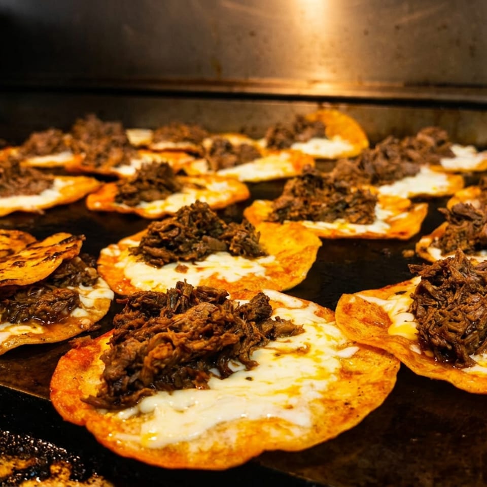 Griddled golden tortillas topped with melted cheese and shredded meat cooking on a busy restaurant flat-top grill.