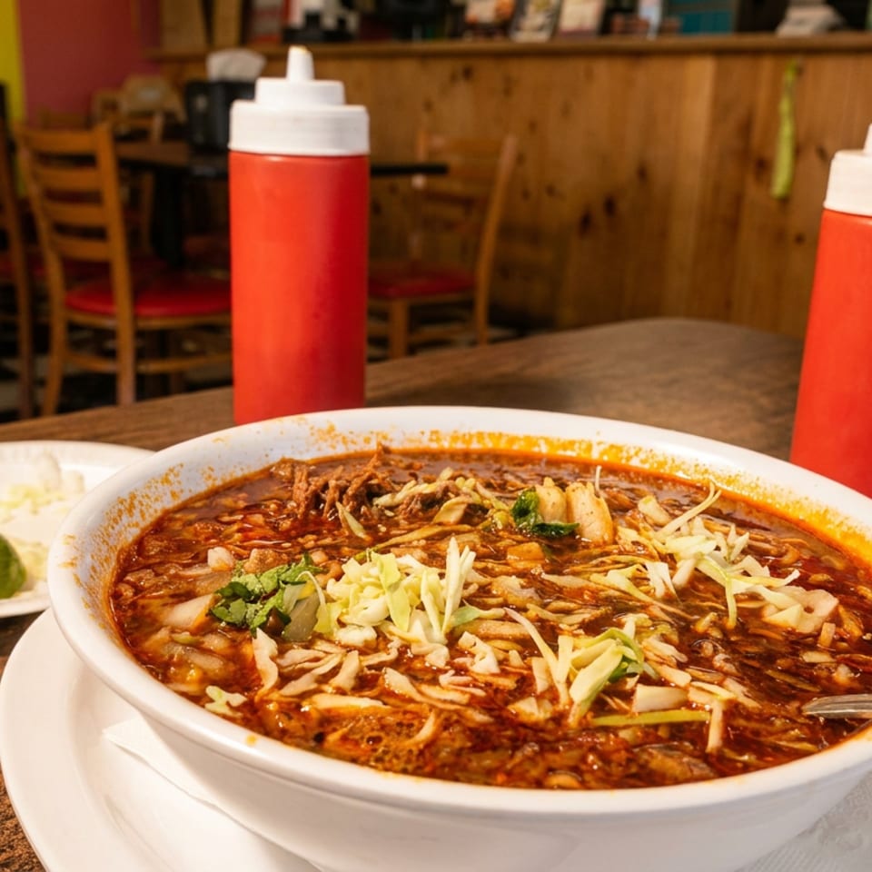 Bowl of spicy noodle soup topped with shredded cabbage and herbs, served with lime wedges in a cozy restaurant.