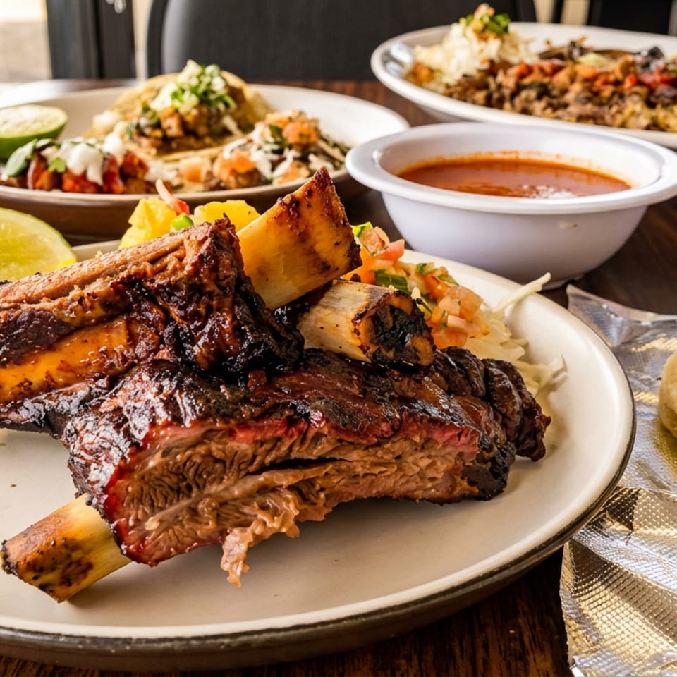 Plate of tender roasted beef ribs with grilled vegetables, lime, tortillas, salsa, and rice dishes on a wooden table.